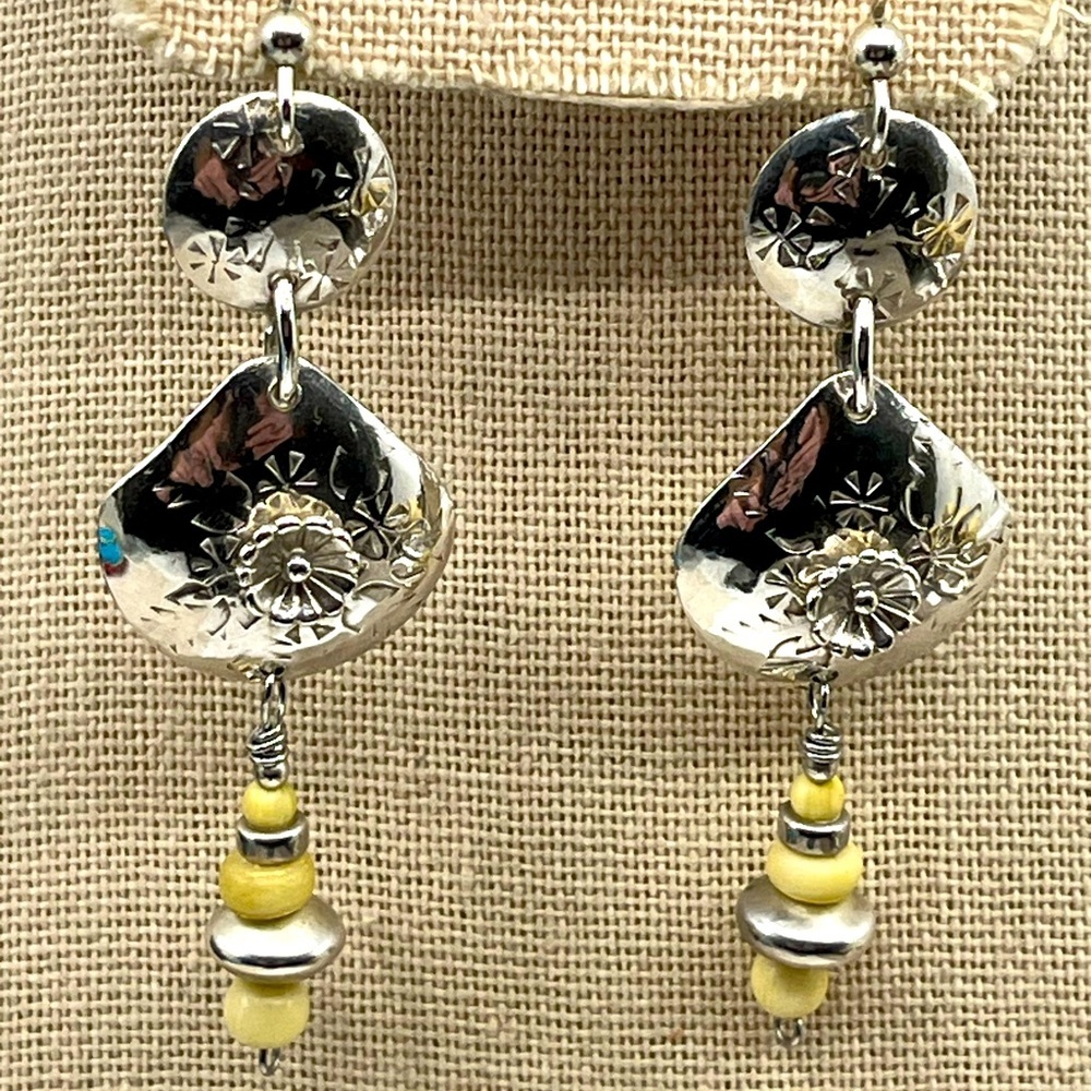 90's Vintage Sterling Silver Dangle Earrings with Floral Sunburst Design